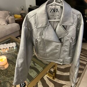ZARA Silver Faux Leather Biker Jacket Size 9-10 Used